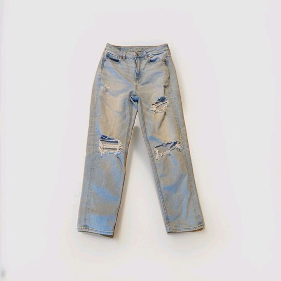 American Eagle Mom Straight Leg Jeans Womens 4 Blue High Rise Distressed - Picture 1 of 8